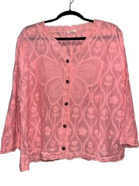 POL Pink Embroidered Button-Front Blouse